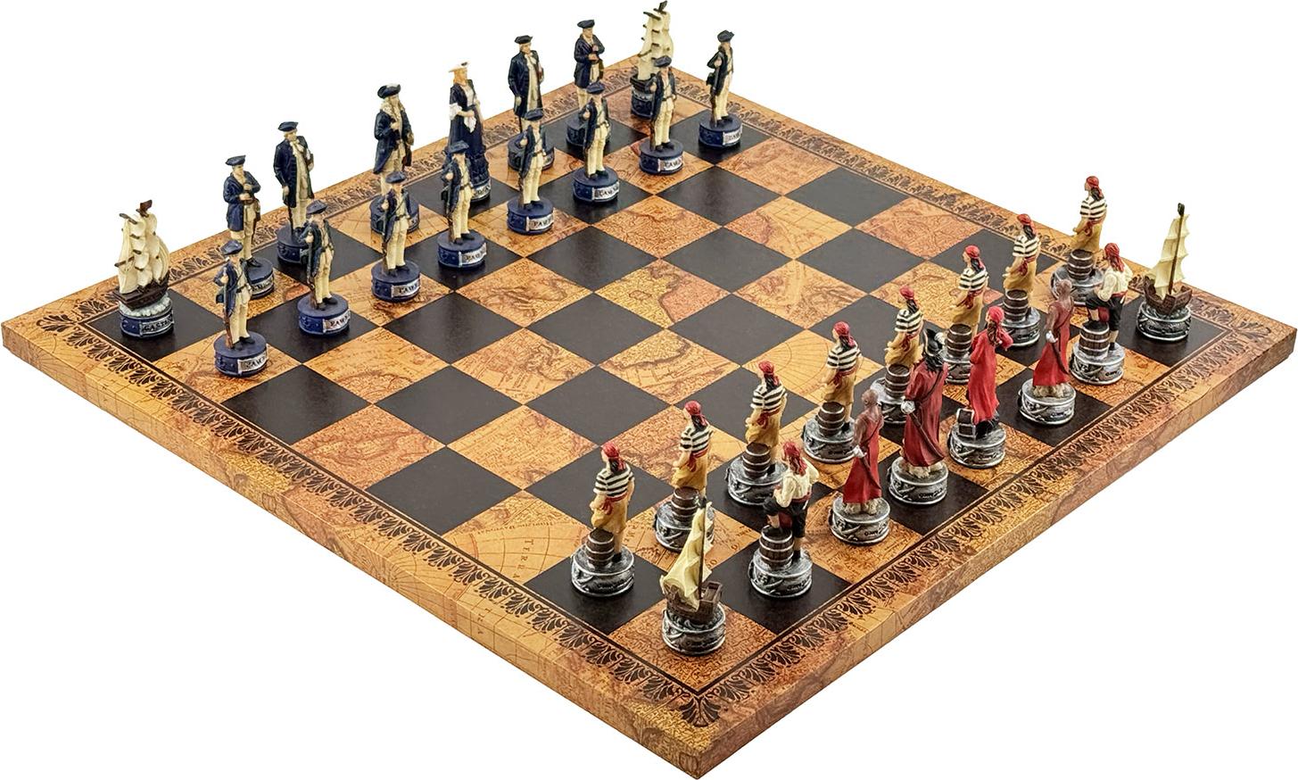 Italfama Piraten-Schachspiel 8cm + Kunstleder Antike Karte Spielbrett 45cm