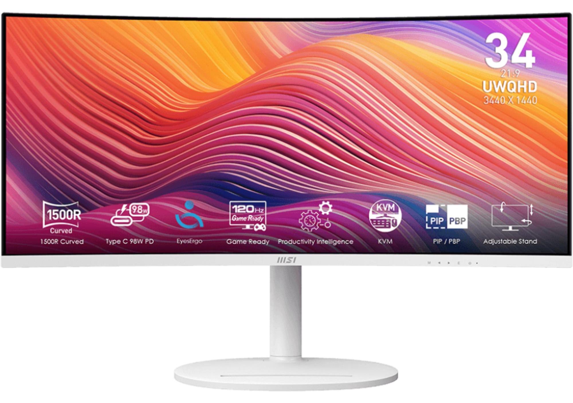 MSI Modern MD342CQPWDE, 86,4 cm (34"), 3440 x 1440 px, UltraWide Quad HD, LCD, 4 ms, Biela