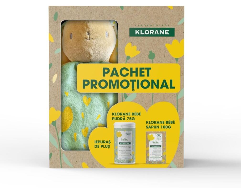Set Klorane: Baby, schü tzend, Kö rperpuder, 75 g + Baby, vegan, beruhigt, Seifenriegel, fü r Haare und Kö rper, 100 g + Hase, Plü schtier zum Sammeln
