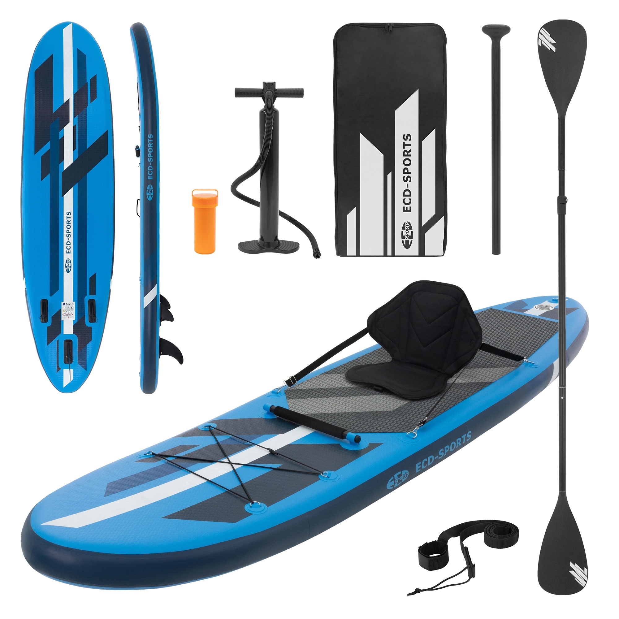 ECD Germany Nafukovacia doska Stand Up Paddle Board so sedadlom do kajaku | 320x82x15 cm | Modrá | z PVC | do 120 kg | vrátane pumpy Prepravná taška Príslušenstvo | SUP doska Pádlovacia doska Surfboard Funkcia sedadla
