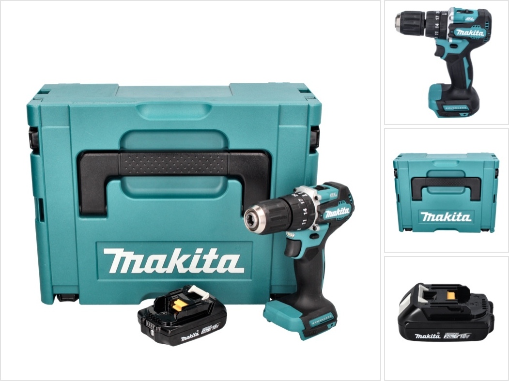 Makita DHP 487 A1J Akumulátorová príklepová vŕtačka 18 V 40 Nm bez kefiek + 1x akumulátor 2,0 Ah + Makpac - bez nabíjačky