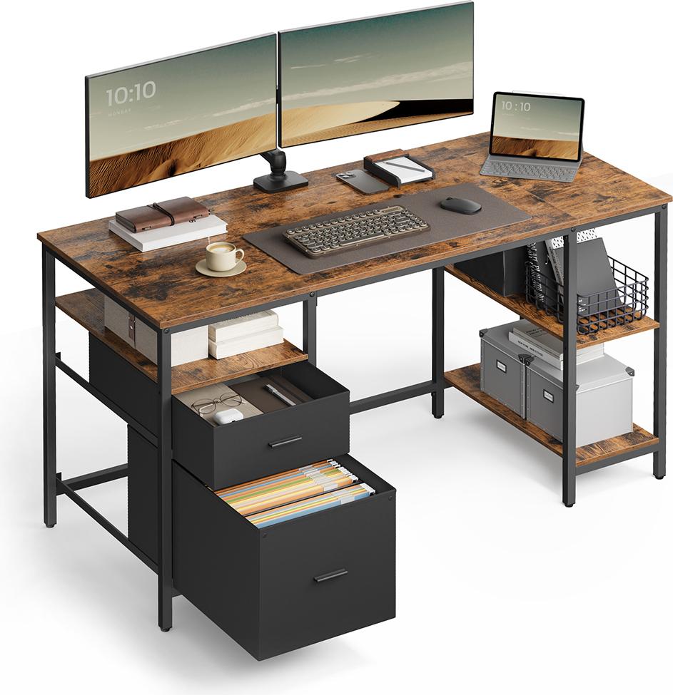 ecomax Computertisch mit 3 Regalböden und 2 Schubladen, Vintage-Braun-Schwarz LWD104B01