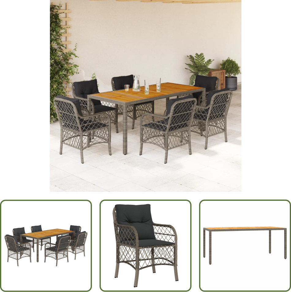 The Living Store 7-dielny záhradný jedálenský set s vankúšmi sivý polyratan
