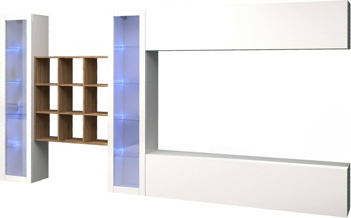 Dmora Wohnzimmermöbel Dfancon, Wohnzimmer-Set TV-Möbel mit 4 Türen, Mehrzweck-Wohnzimmermöbel mit Vitrine und LED-Licht, 100 % Italy, cm 350x30h180, glänzend weiß