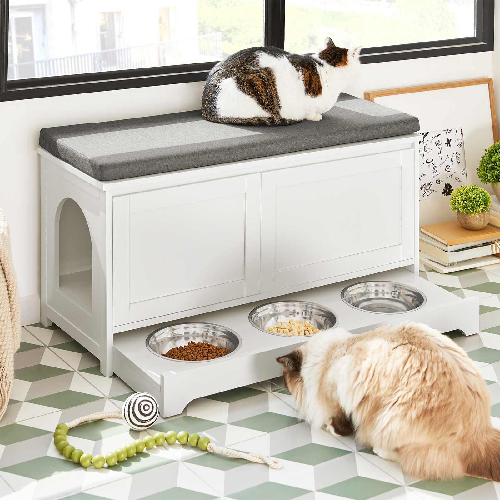 Mobile Per Animali Cuccia Per Gatti SoBuy Con Ciotole - Panca Multifunzione Bianca 90x36x44cm Arredo Gatto Multifunzione - 2