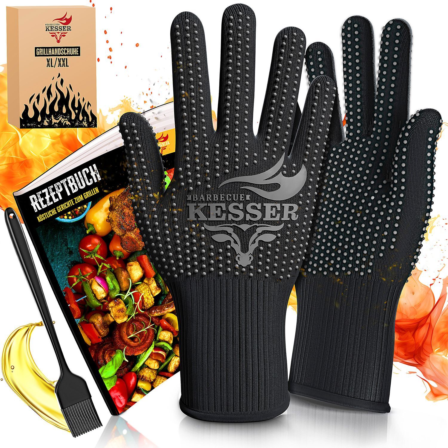 Hitzebeständige Ofenhandschuhe Mit Fingern – Silikon Bis 350°C | Langärmelig, Weiß Mit Druck