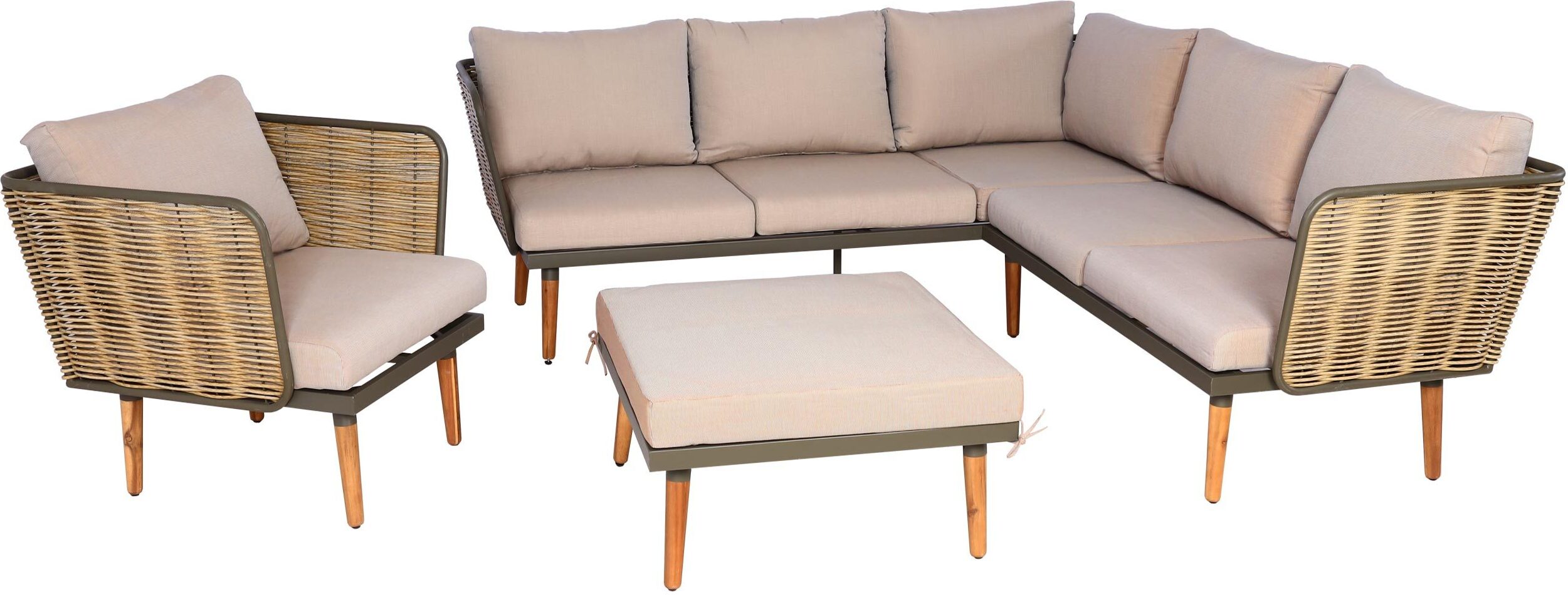 Záhradná súprava HWC-L31, súprava lounge set pohovka vonkajšie, spun poly kov poly ratan MVG ~ béžovo-hnedá
