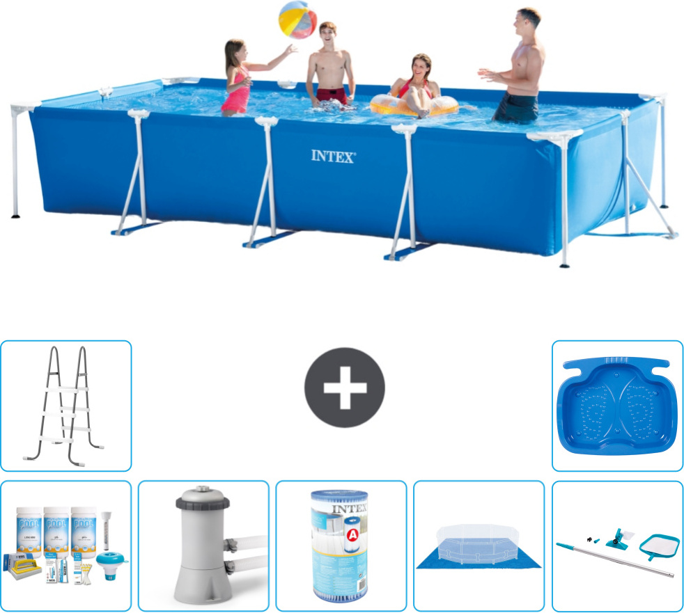 Bazén Intex s obdĺžnikovým rámom - 450 x 220 x 84 cm - modrý - súčasťou dodávky Balík údržby - Filtračné čerpadlo pre bazén - Filter - Podlahová plachta - Čistiaca súprava - Rebrík