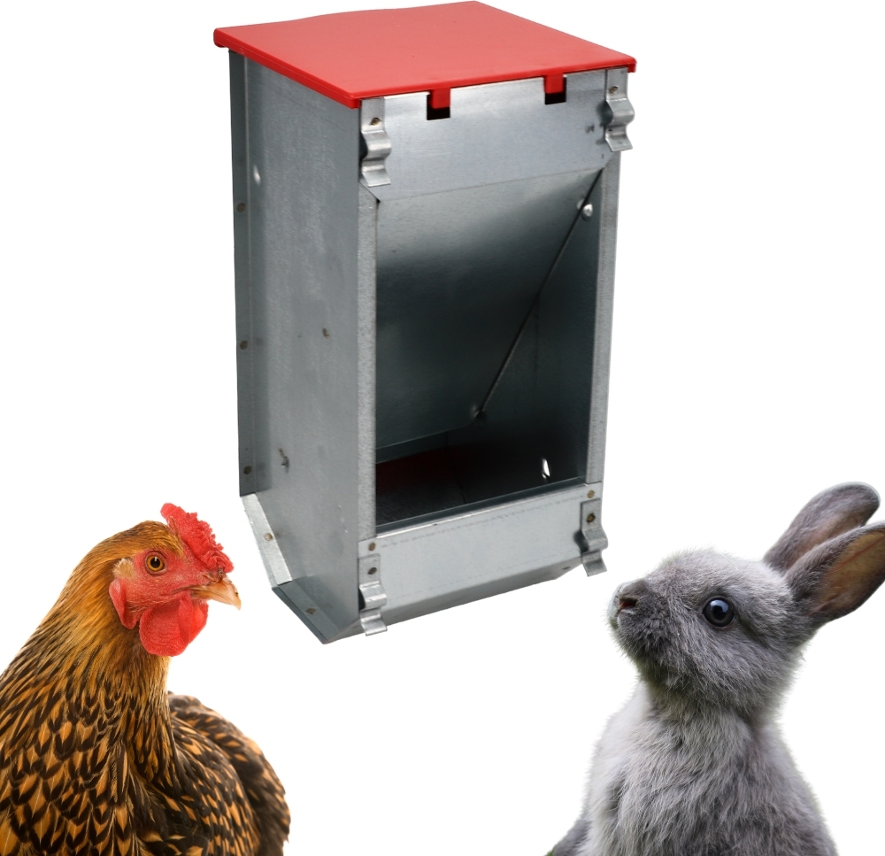 GarPet Futterautomat Hühner Futterspender Kaninchen Futterautomat Verzinkter Hühnerfutterautomat Metallfuttertrog für Geflügel Futtertrog verzinkter Stahl mit Deckel