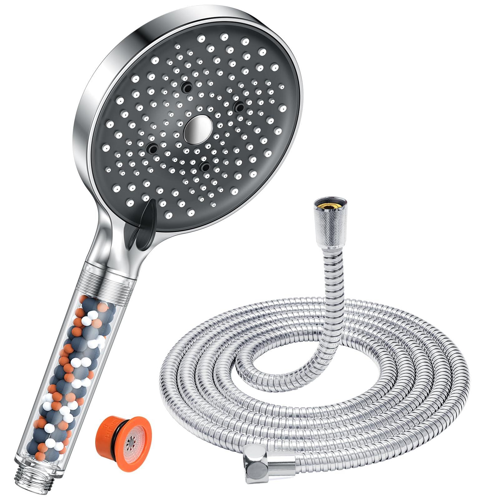 Duschkopf mit Schlauch 1,6M - YEAUPE PRO Wassersparender Regenduschkopf mit Filter, 6 Strahlarten, Sparduschkopf 7,5L/min (130mm Durchmesser), Chrom