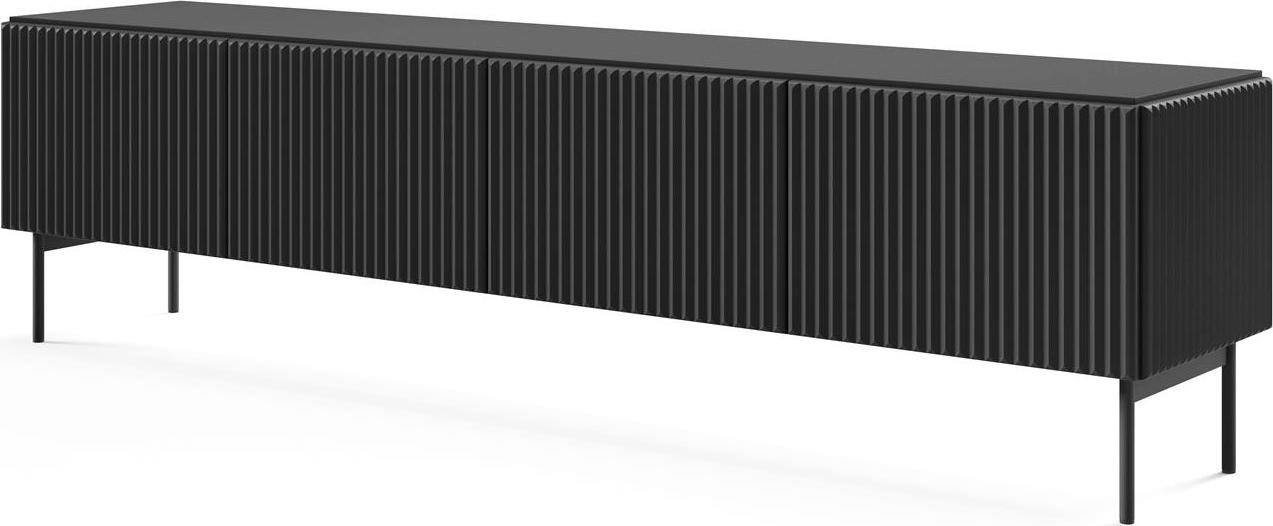 BETTSO Breite TV-Kommode 195 cm – schwarz, Rillenfront, 4 Klappen, ohne Griffe, elegantes Design