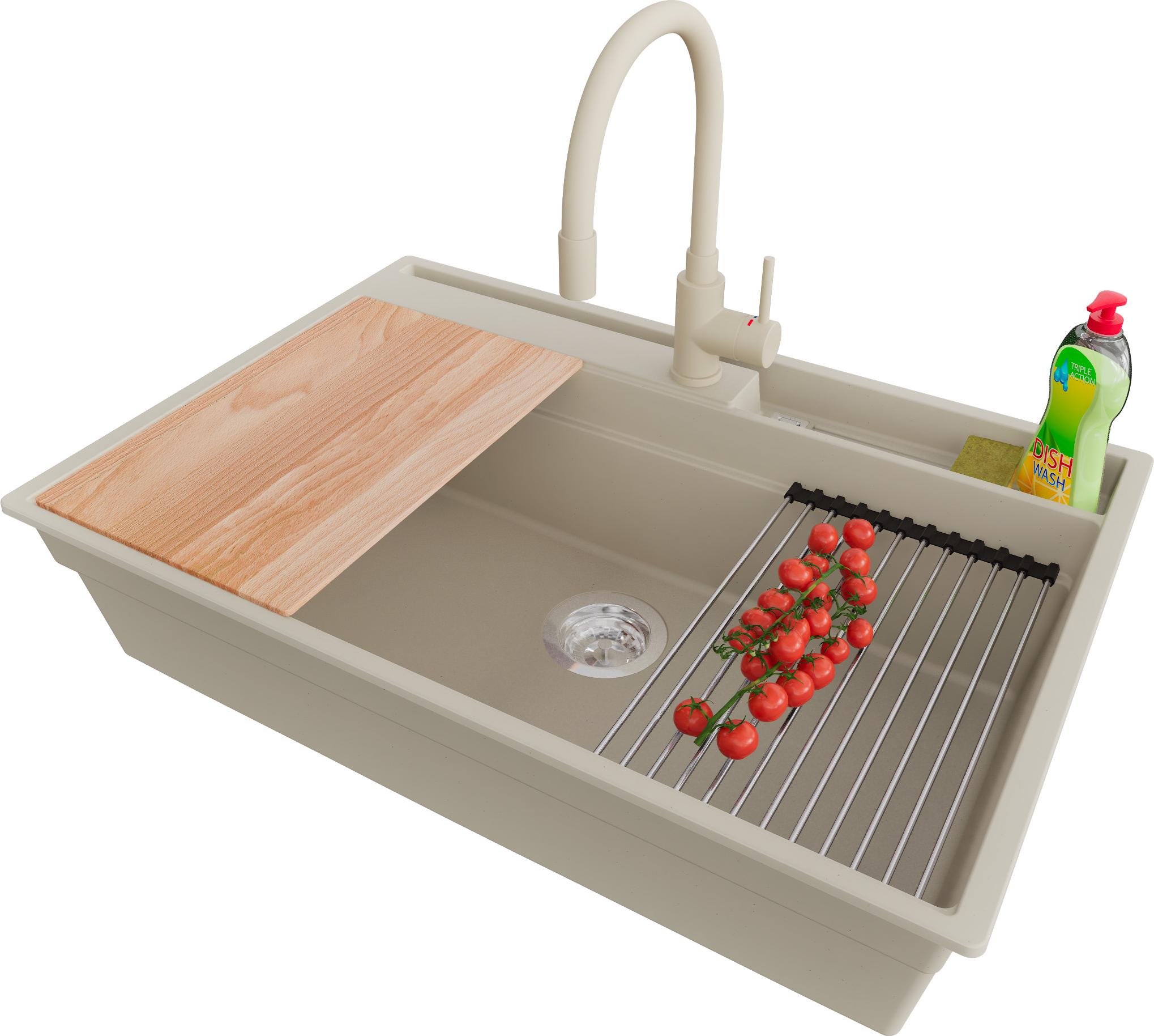 PRIMAGRAN Granitspüle Beige 78x53cm, Spülbecken 1 Becken + Ablauf-Set + Küchenzubehörset, Küchenspüle ab 80er Unterschrank - Oslo Pocket