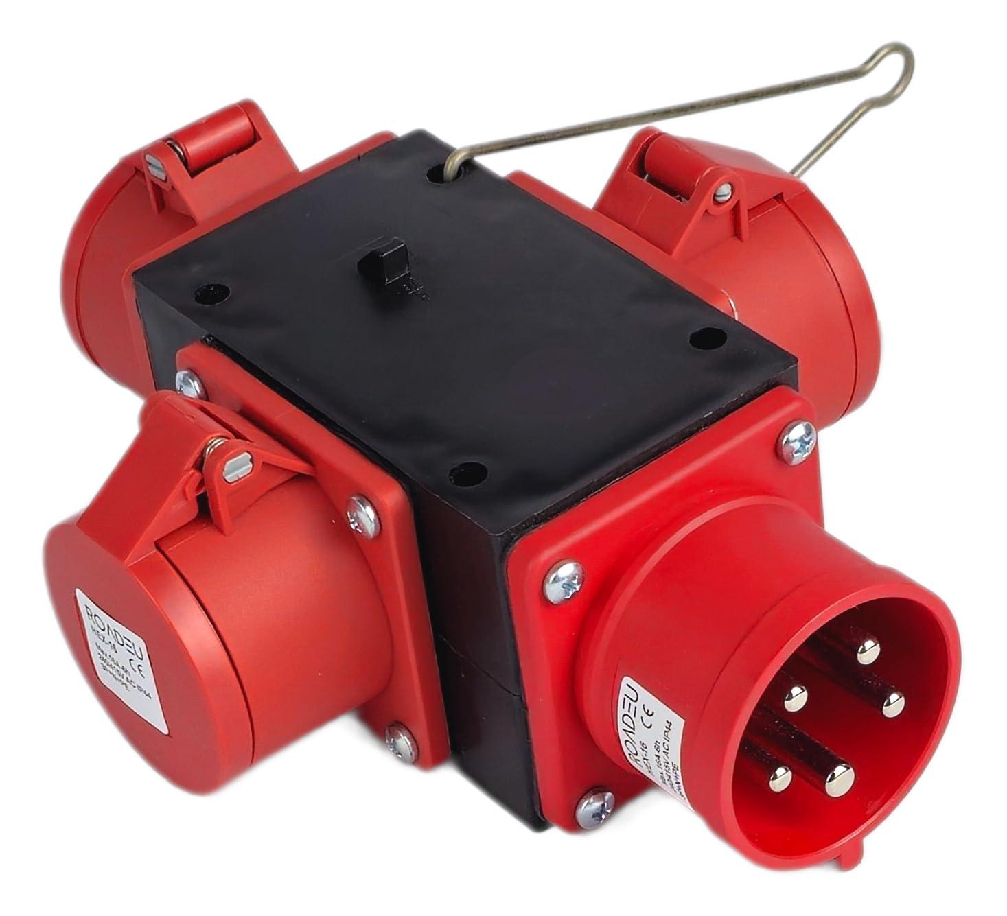 RoadEu - CEE Stromverteiler 16A – 5-pol Stecker auf 3x 16A 5p Steckdosen – 400V Baustromverteiler IP44 – Robuster mobiler Energieverteiler