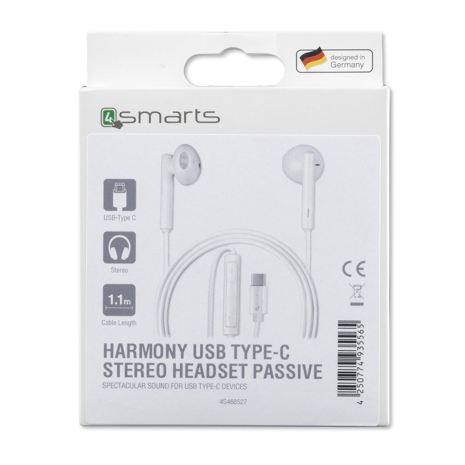 4smarts In-Ear USB-C stereo slúchadlá Harmony 1,1 m pasívne - biele