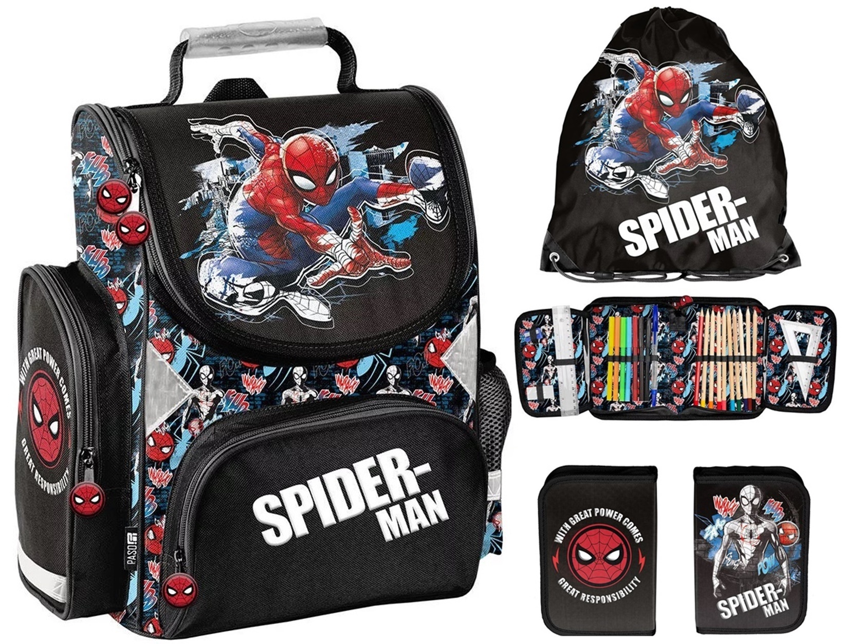 taschen-rucksack24 Schulranzen Set 3-teilig Tornister Jungen Spiderman Schwarz