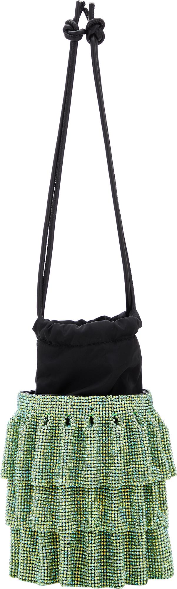 NAEMI Grüne Damen Handtasche mit Zugkordel und Perlenverzierungen, 15.5x10x11 cm