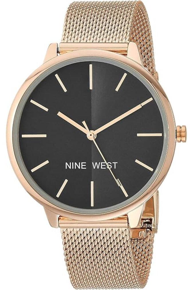 Nine West Damen Armbanduhr NW/1980GYRG Analog Schwarz Roségold mit goldenen Indizes 086702681822