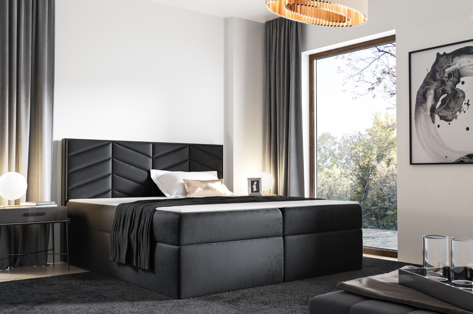 Skriňová posteľ PEDRO s 2 zásuvkami, čalúnená posteľ, rozmery: 180 x 200 cm, farba: čierna, velúrová látka, manželská posteľ s matracom Bonell vrátane toppera