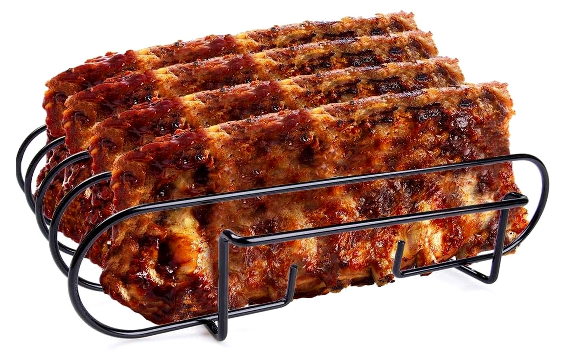 Markenlos Spareribs Halter für Grill, Edelstahl Braten- und Rippchenhalter für 4 Rippchen, geeignet für Gas- und Holzkohlegrills