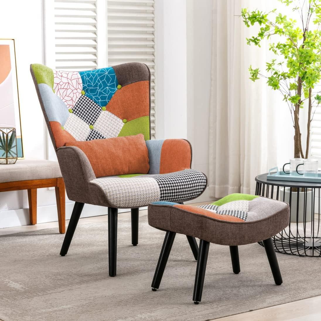 Patchwork Ohrensessel mit Hocker Massivholzbeine