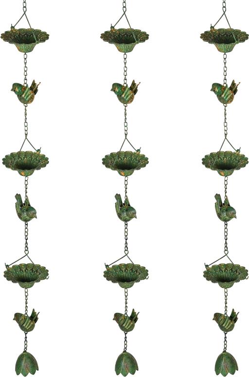 youjia 3er Set Regenkette 123cm Regenablaufkette aus Metall Ablaufkette mit befestigtem Aufhänger Vögeln Bell Grün