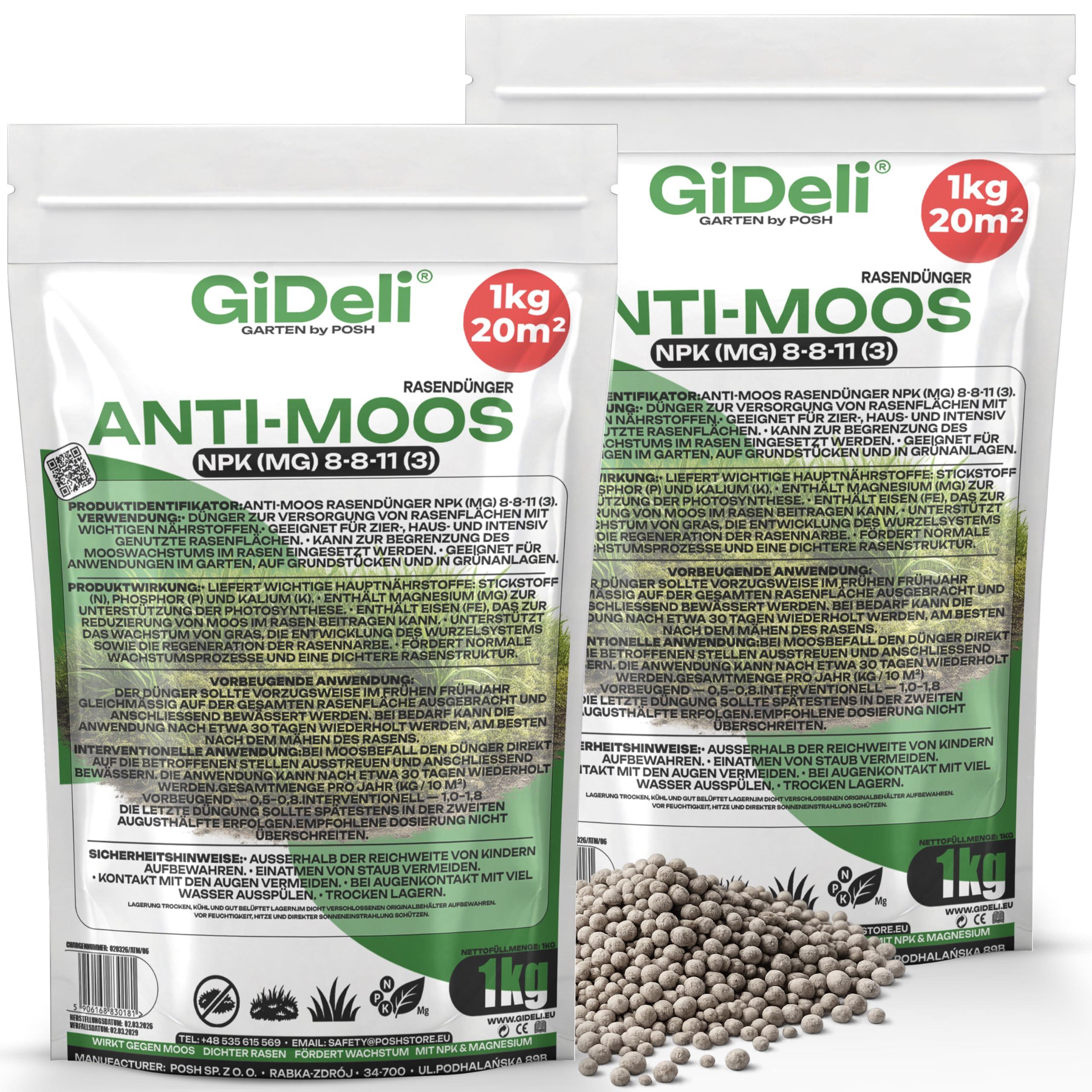 Posh Anti-Moos Rasendünger 2kg NPK 8-8-11 Frühjahr Eisen Magnesium Garten GiDeli