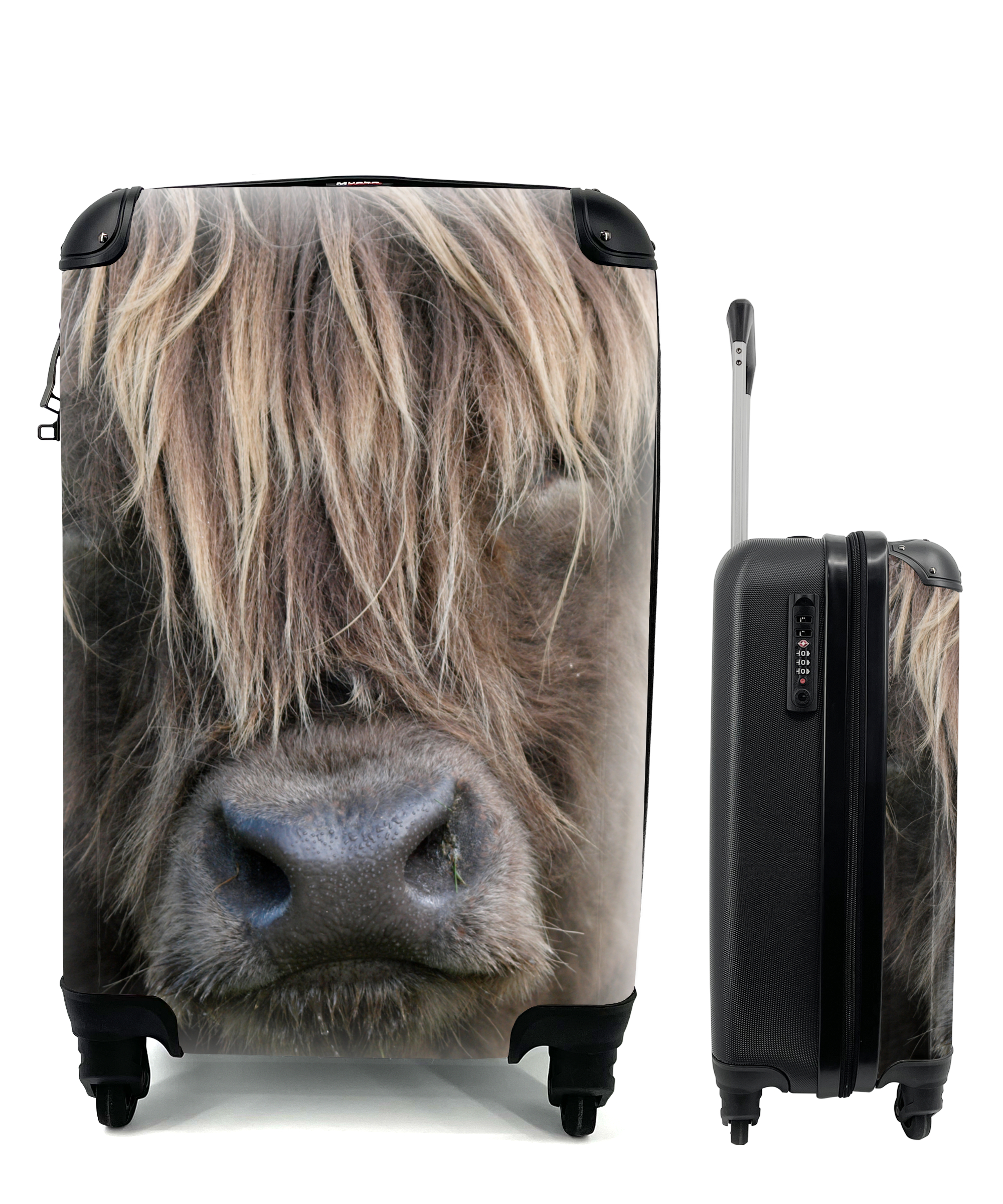 MuchoWow® Koffer Handgepäck Trolley Rollkoffer Kleine Reisekoffer mit 4 Rollen - Schottischer Highlander - Braun - Nase - Cabin Size < 55x40x23 cm & 55x40x20 cm - Fotokoffer - Kabinenkoffer - Boardgepäck - Reise-Box - Reisekoffer - Reisegepäck - Koffer mit Bild - Trolley für Kinder 68|298997174