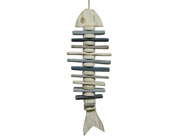 Kaemingk Deco Fisch blau / weiss Knochenfisch Holz Maritim 803109