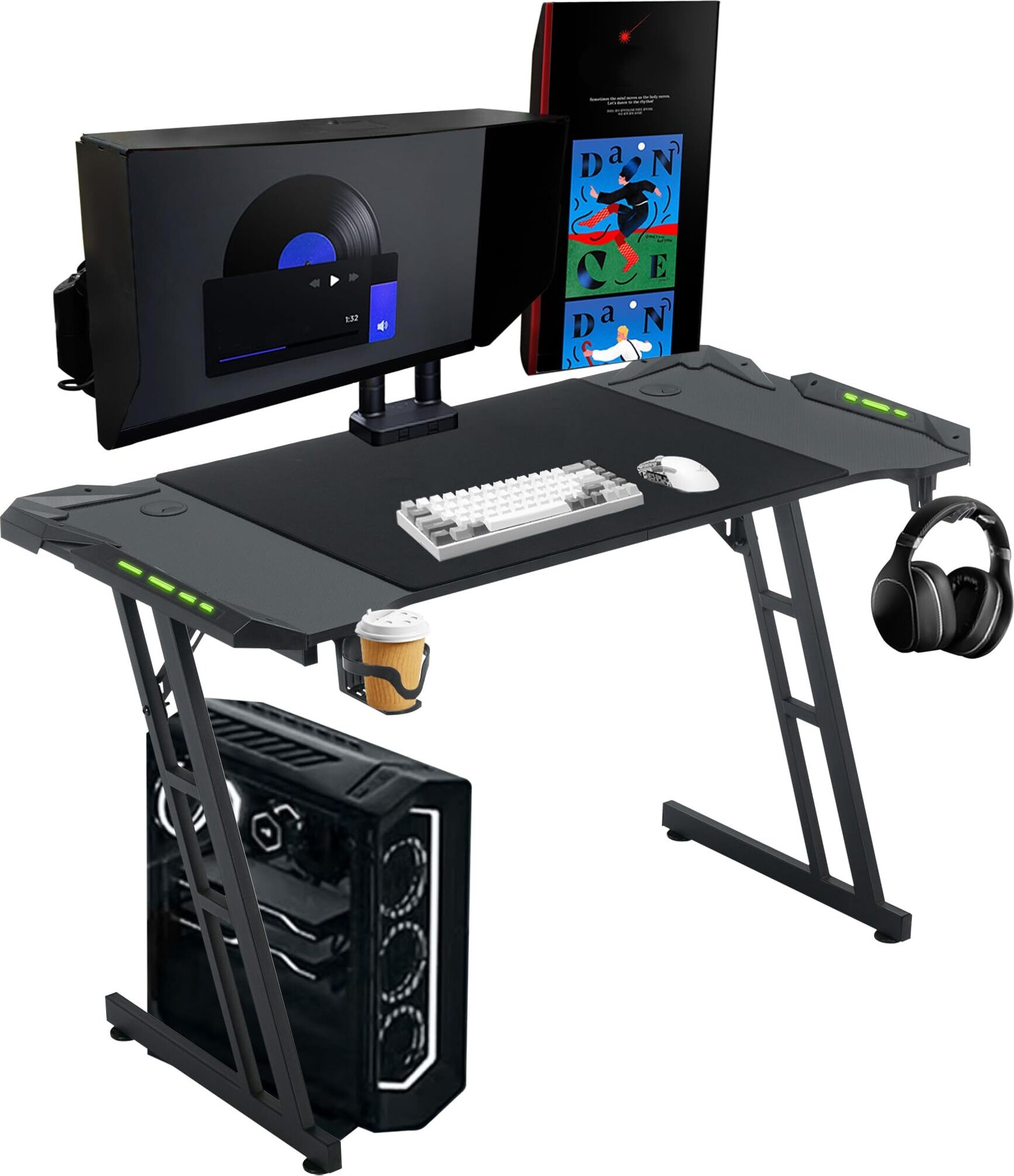 Scrivania A L Da Gioco Con Luci LED RGB E Presa USB, 101x70 Cm, Ripiano Porta PC, Supporto Monitor, Reversibile
