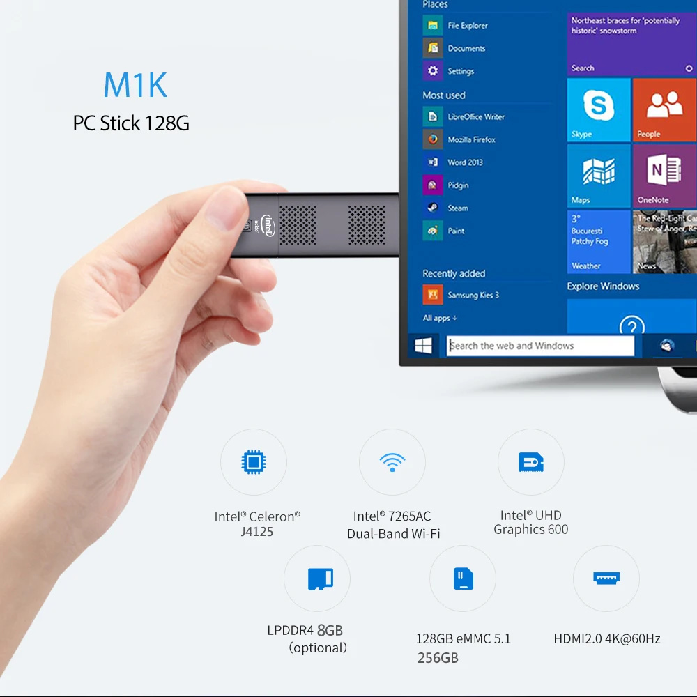 MINI PC STICK Intel Celeron J4125 Windows 11 Mini Computer Stick 8gb ram 128gb 5GHz WLAN 12V 2A USB-C HDMI 4K Media Center M1K-128GB
