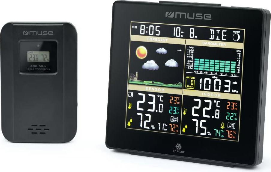Muse M-085 WS, Schwarz, Innen-Luftdruck, Innen-Hygrometer, Innen-Thermometer, Erkennung von Blitzen, Außen-Barometer,..., F, °C, LCD, DC / Batterie, AA/R6/UM3