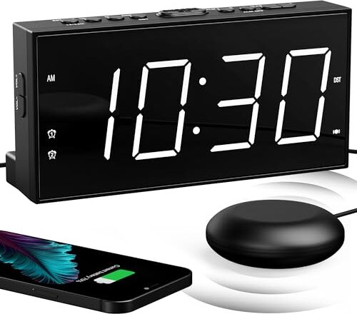 Mesqool hlasný vibračný budík bed shaker pre hluchých, dvojitý budík, USB nabíjačka, veľký displej, snooze, jednoduché nastavenie, letný čas