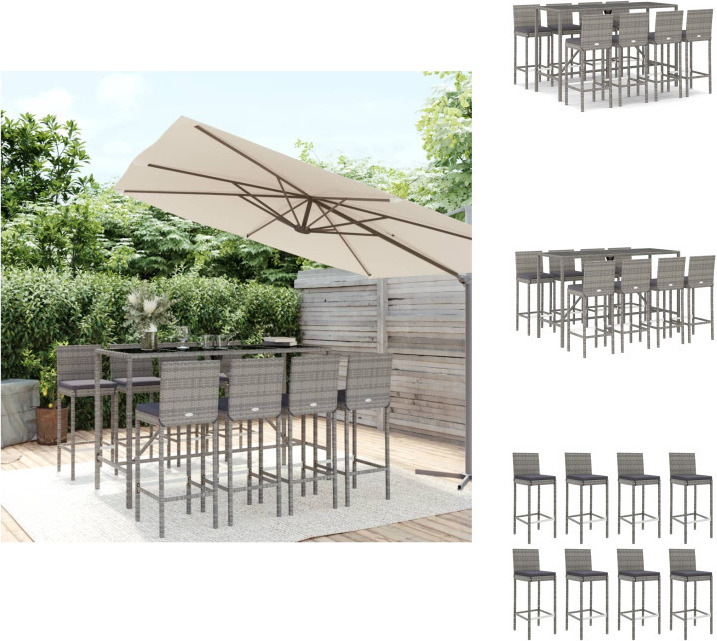 vidaXL 9-dielny záhradný barový set s vankúšmi sivý polyratan - Záhradný nábytok sety