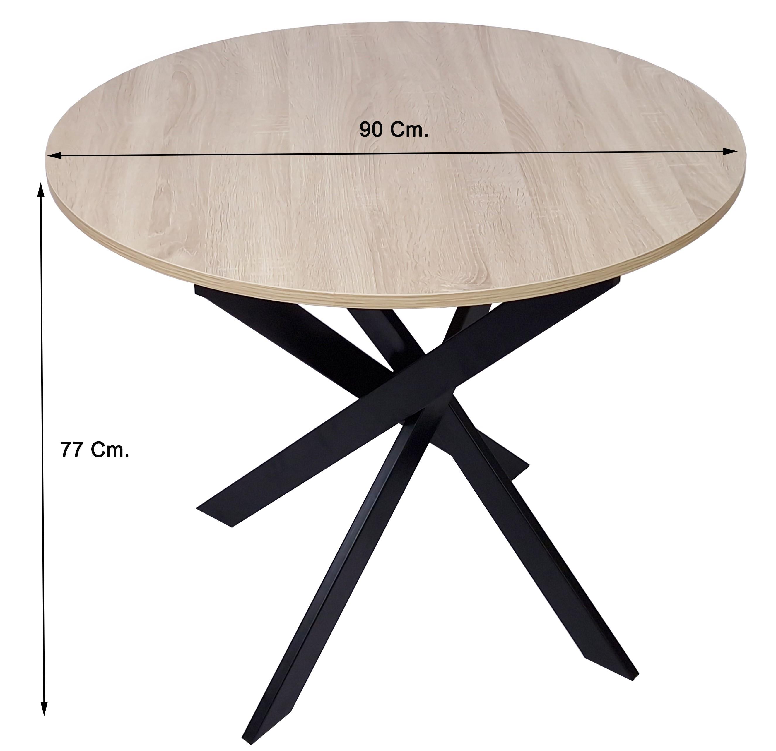 Runder Esstisch, Modell ZEN, 90x90x77cm, farbe Eiche, matt Schwarze metallbeine lackiert