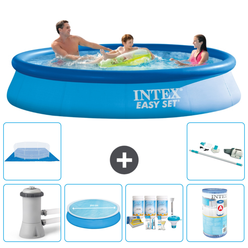 Okrúhly nafukovací bazén Intex Easy Set - 366 x 76 cm - modrý - vrátane markízy s čerpadlom - balík na údržbu - filter - podložka - vysávač