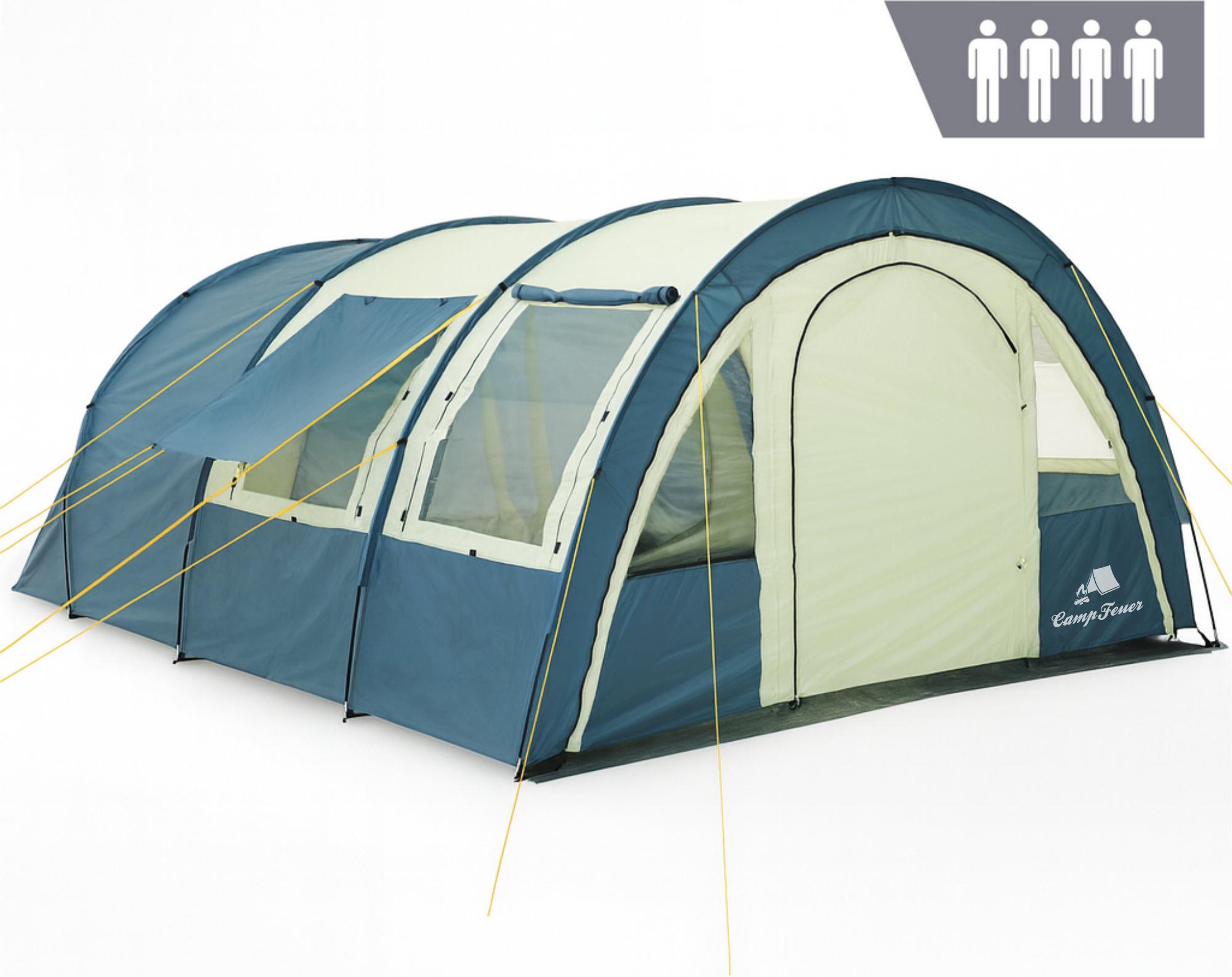 CampFeuer Zelt Multi für 4 Personen, Blau / Sand, Tunnelzelt mit Vorraum, 5000 mm Wassersäule