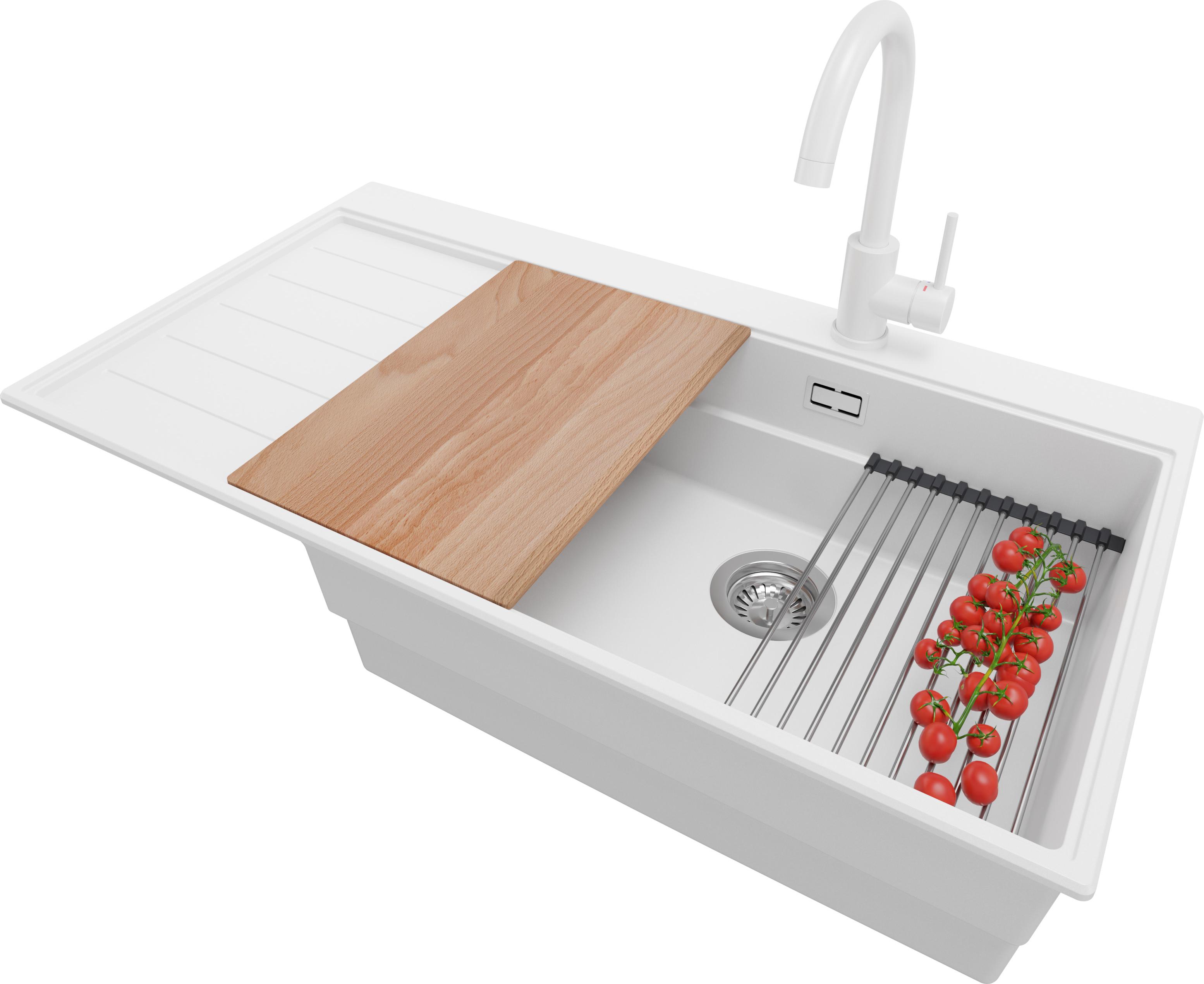 PRIMAGRAN Granitspüle Weiß 90x50cm, Spülbecken 1 Becken + Küchenarmatur 32x20cm + Ablauf-Set + Küchenzubehörset, Küchenspüle ab 60er Unterschrank - Sydney