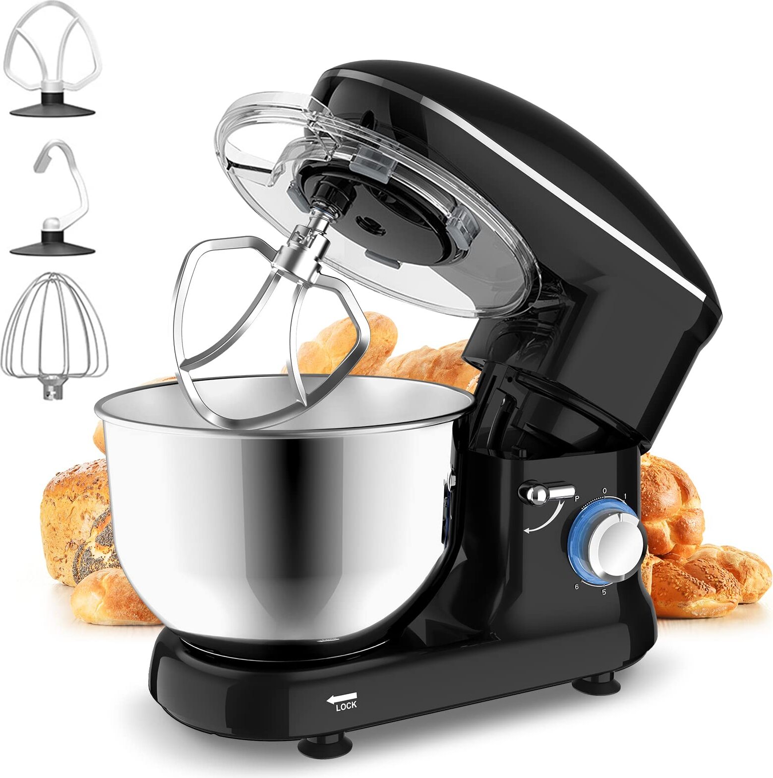 1500W mixér s hákom na cesto, 6 rýchlostí s 5,5 litrovou nerezovou misou, šľahačom, metlou, miešacou nádobou