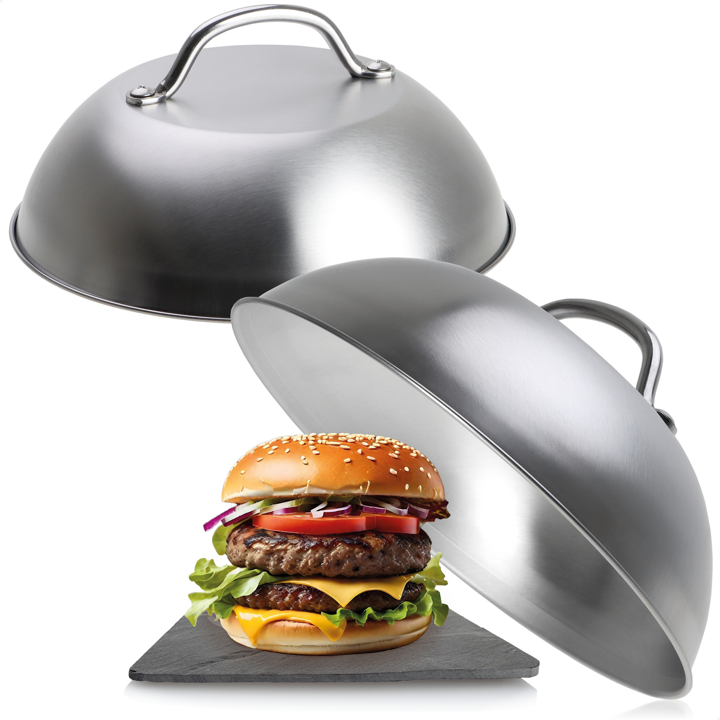 com-four® 2x Burgerglocke aus Edelstahl 304 – Schmelzglocke für Cheeseburger CF18399