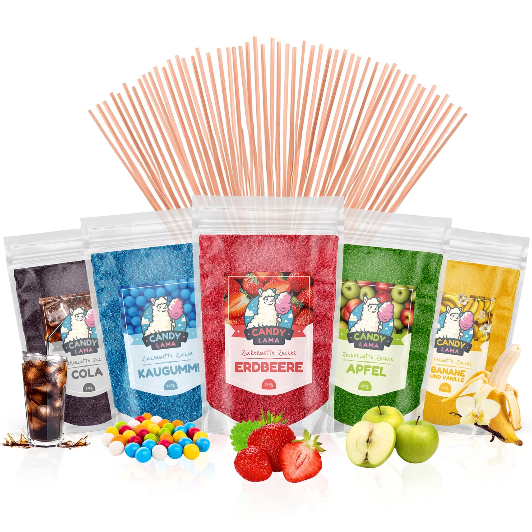 CANDY LAMA Zuckerwatte-Set, Partyset 5 x 250g: Cola, Kaugummi, Erdbeere, Apfel, Banane/Vanille, inkl. 50 Zuckerwattestäbe, 100% vegan, für Zuckerwattemaschine