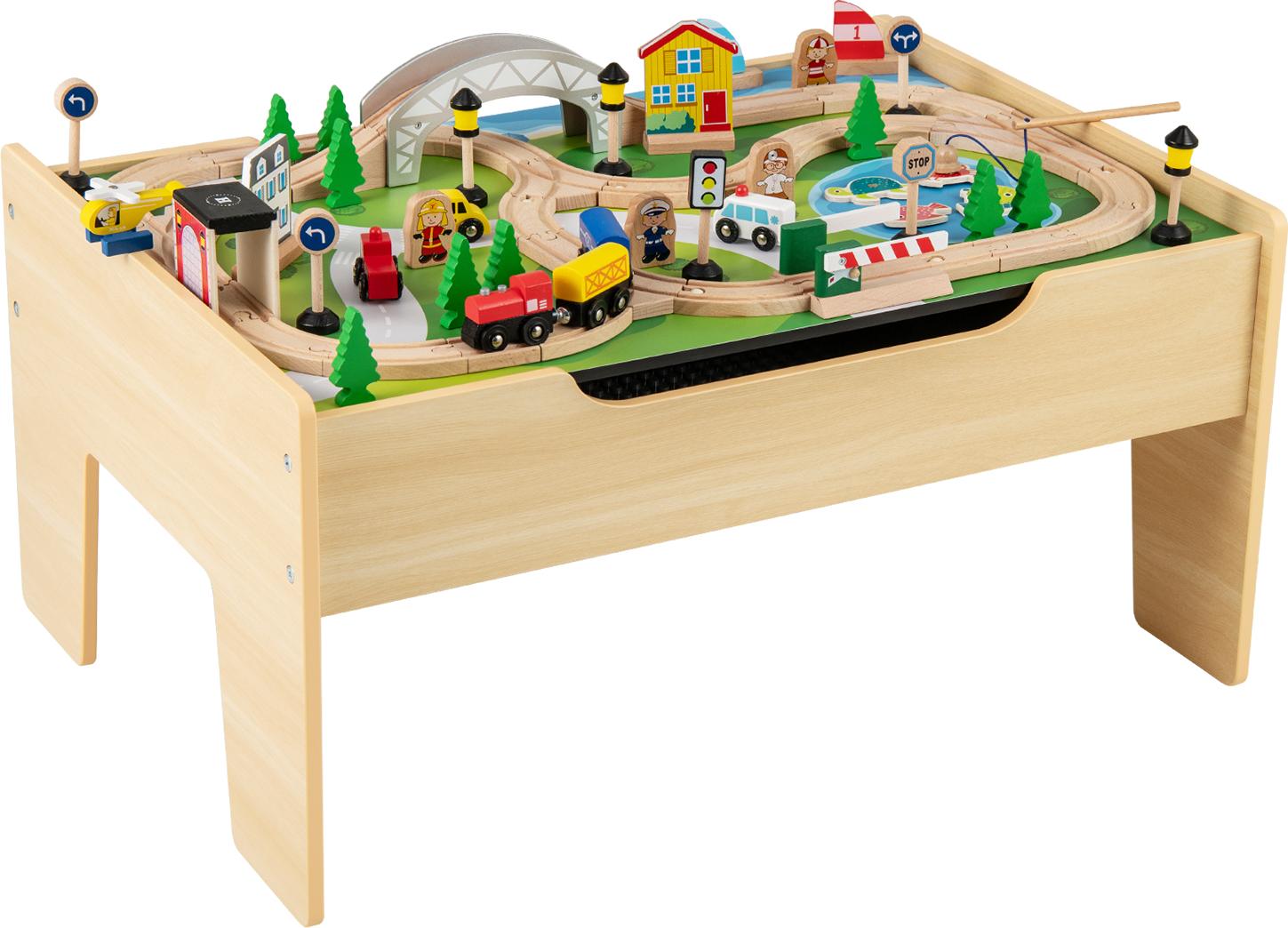 COSTWAY 78 teiliges Kinder Eisenbahn Set, 5 in 1 Eisenbahntisch aus Holz mit umkehrbarer Tischplatte & Tafel, Spieltisch, Holzeisenbahn für Kinder 3+