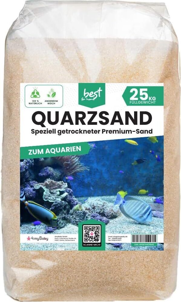 4myBaby GmbH 25 kg Quarzsand für Aquarien – natürlicher Süß- und Salzwassersubstrat, dekorativer Naturkies. Quarz-Aquariensand (0,1-0,4 mm)
