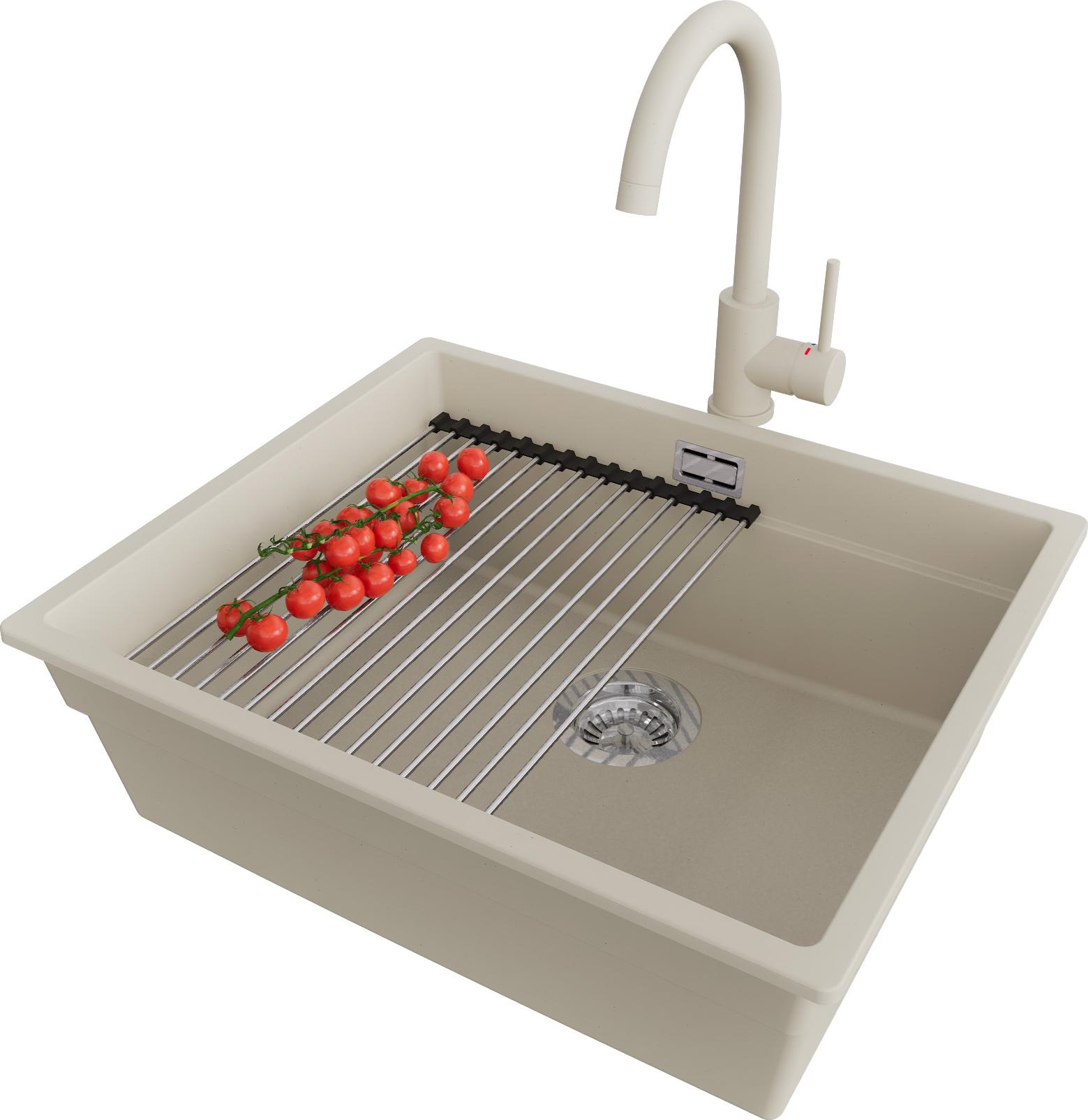 PRIMAGRAN Unterbauspüle Granit Beige 56x47cm, Spülbecken 1 Becken + Ablauf-Set + Küchenzubehörset, Granitspüle ab 60er Unterschrank - Praga Image