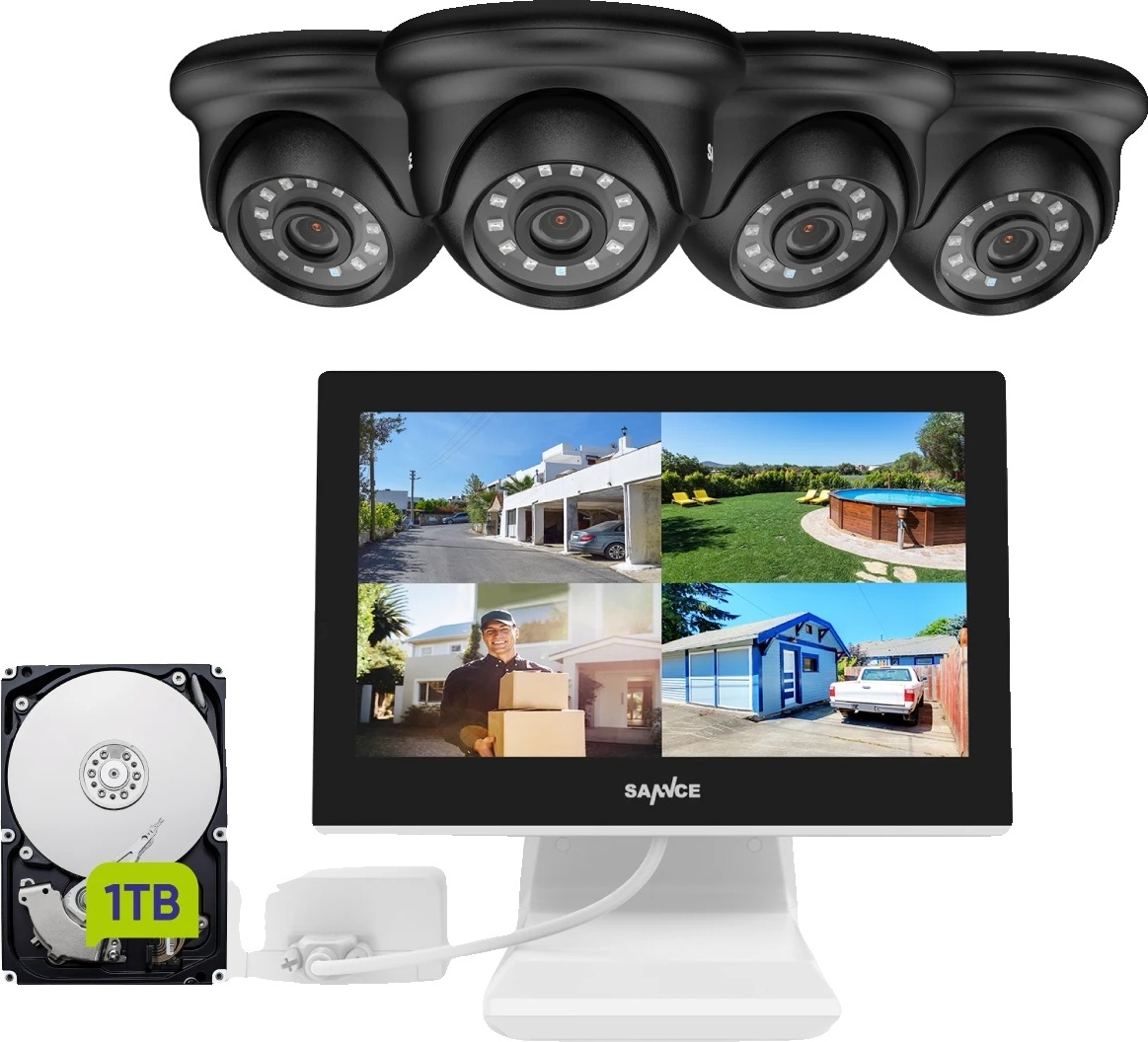 SANNCE 10,1" monitor LCD, sada sledovacích kamier, rozlíšenie 1080p, nočné videnie do 30 metrov, 4 ks kamier 1TB