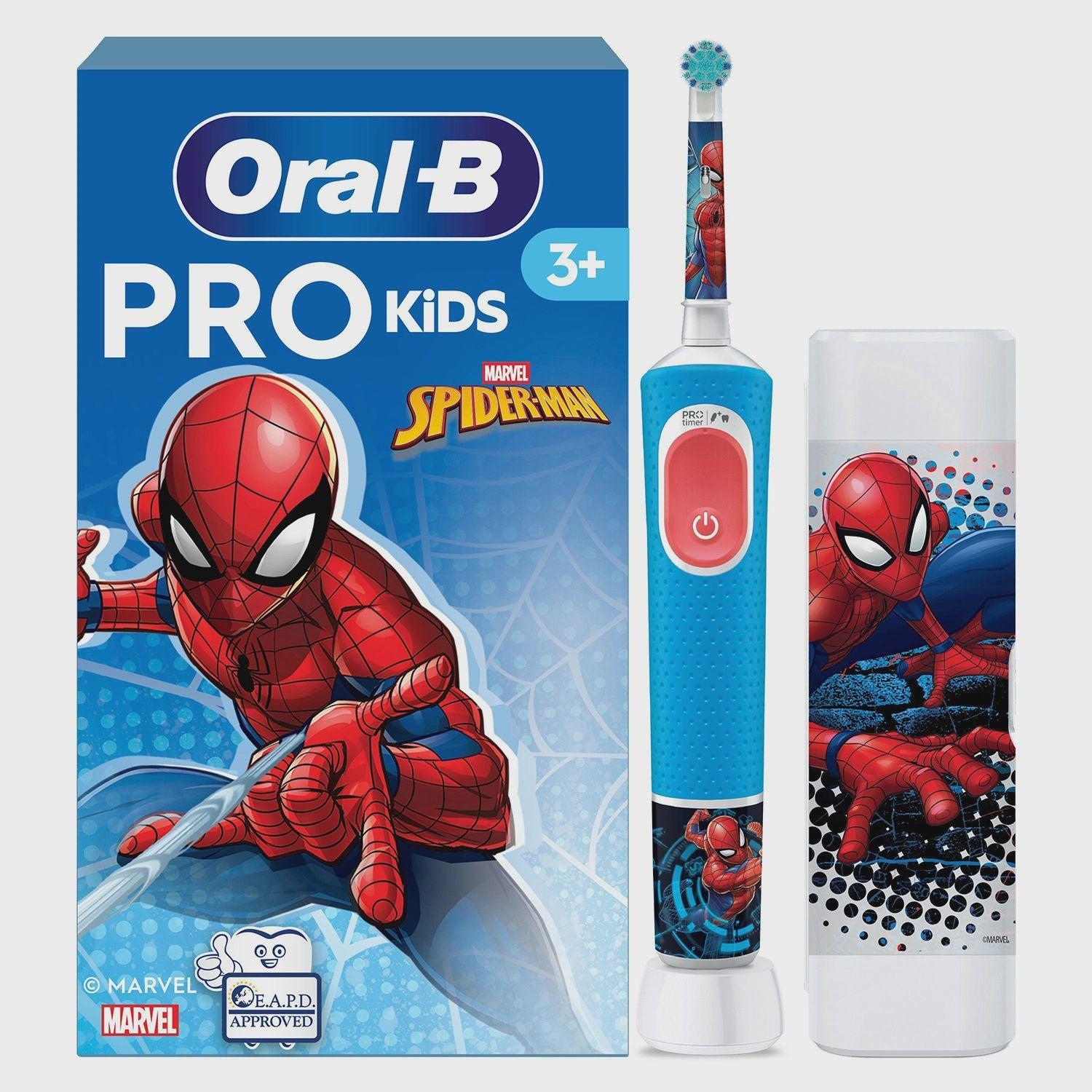 Oral-B Vitality Pro Kids Spiderman, Detské, Rotujúco-oscilačná zubná kefka, Denná starostlivosť, Jemný, Super sensitive, Modrá, Červená, 7800 pohybov za minútu, 4 x 30 sec