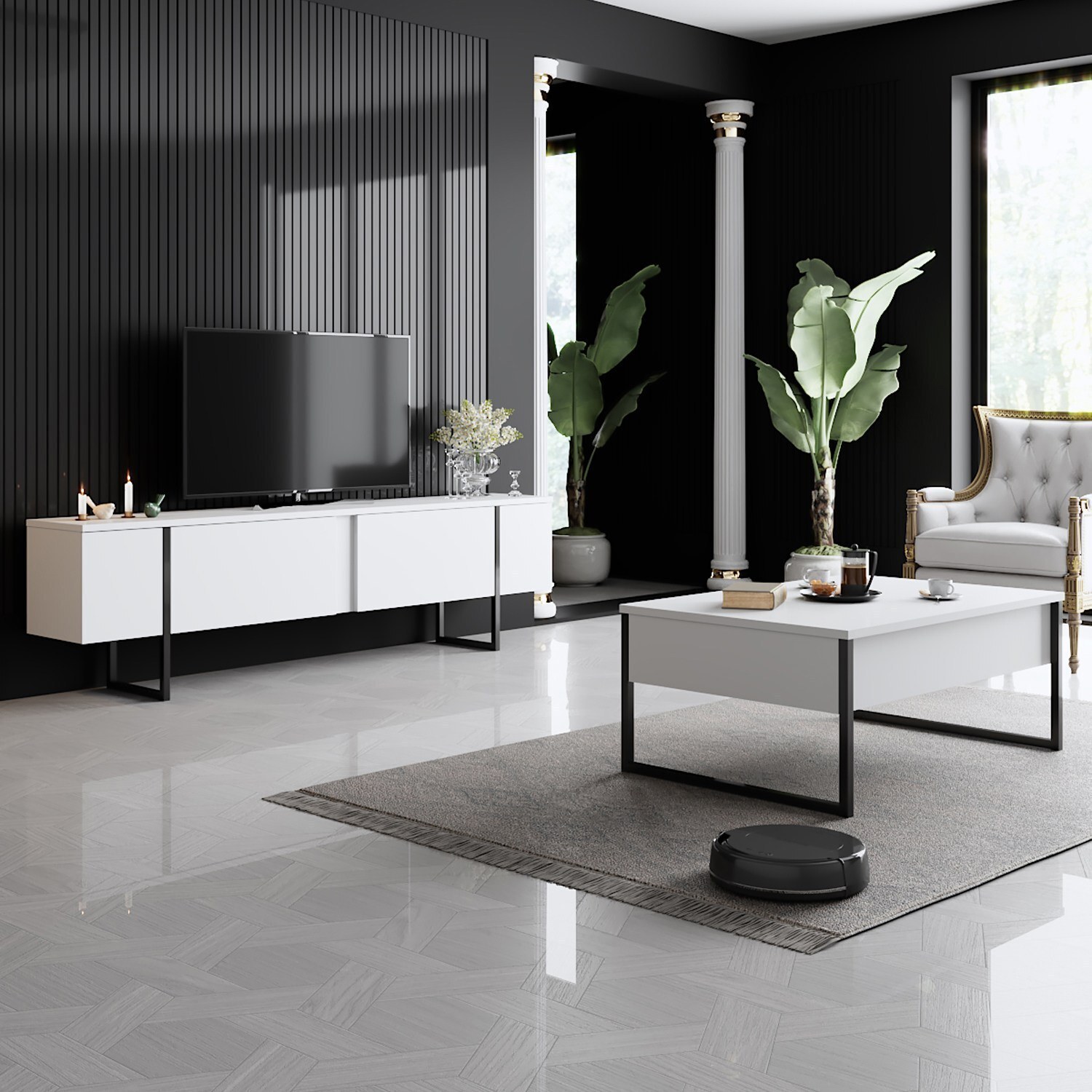 Skye Decor, Luxe Set - White, Black, Wohnzimmer, Wohnzimmermöbel-Set, Weiß, 180 x 47 x 30 cm