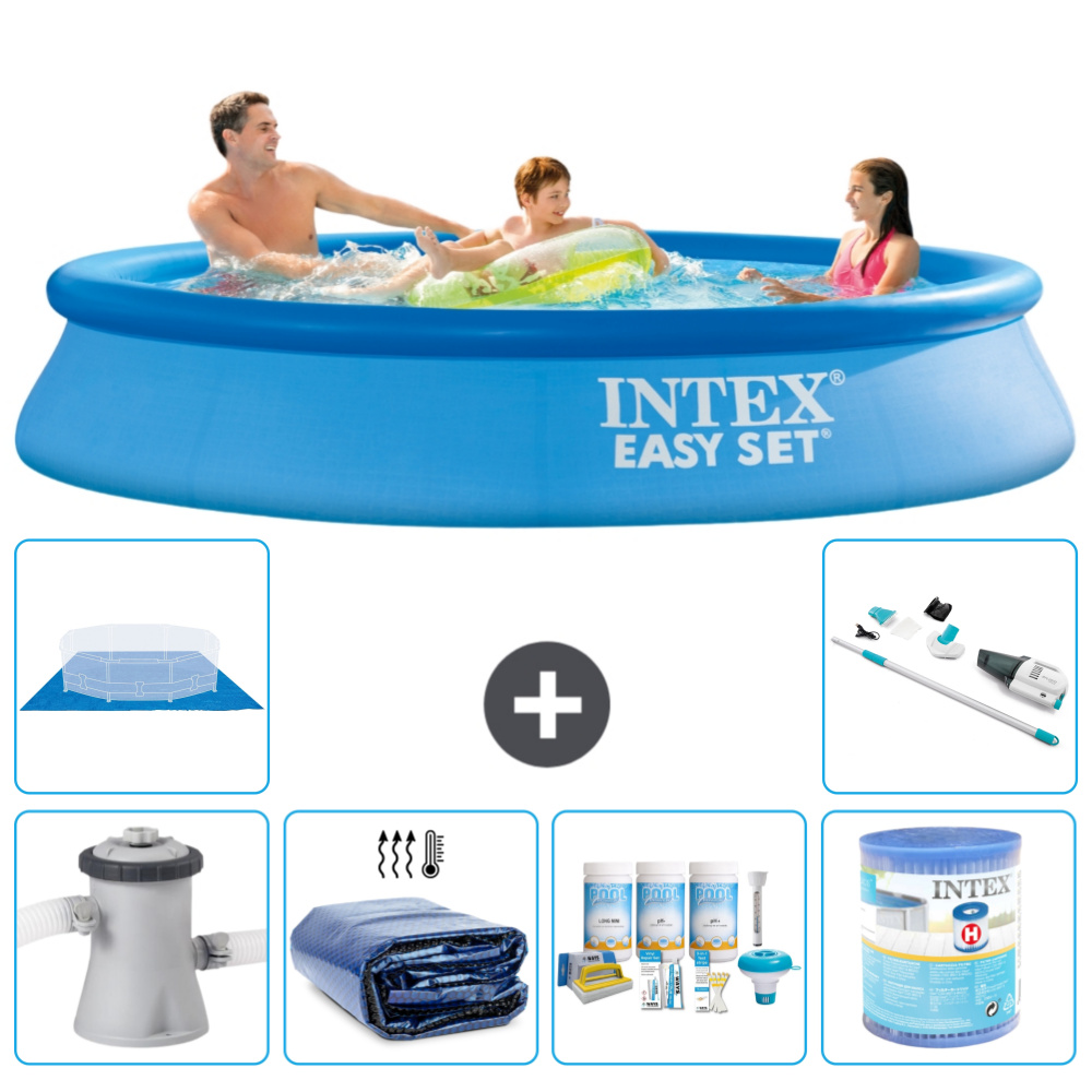 Okrúhly nafukovací bazén Intex Easy Set - 305 x 61 cm - modrý - vrátane markízy s čerpadlom - balík na údržbu - filter - podložka - vysávač