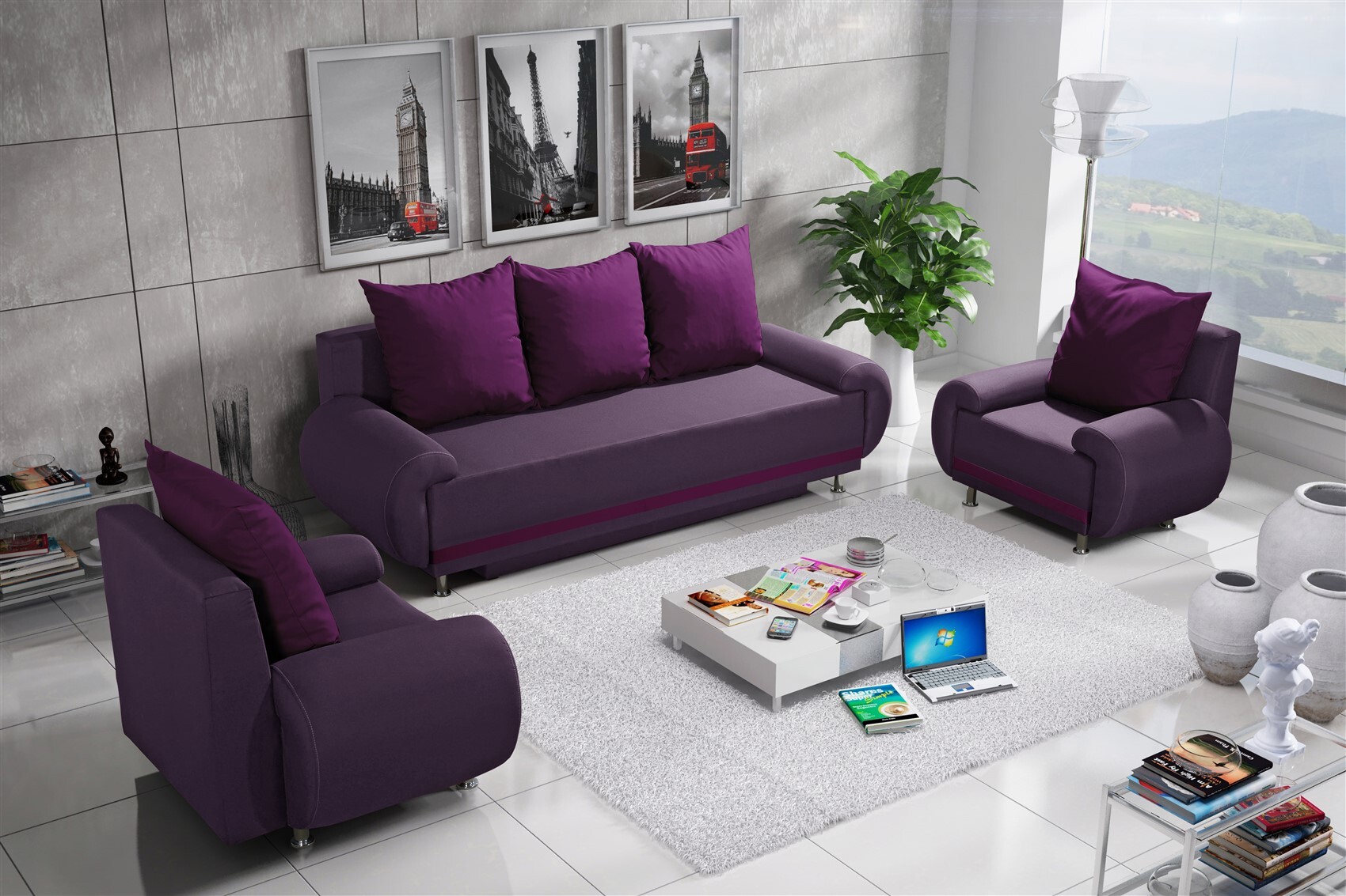 Fun Moebel Sofa Set MIKA 3-1-1 Sofagarnitur in Polyesterstoff Violett