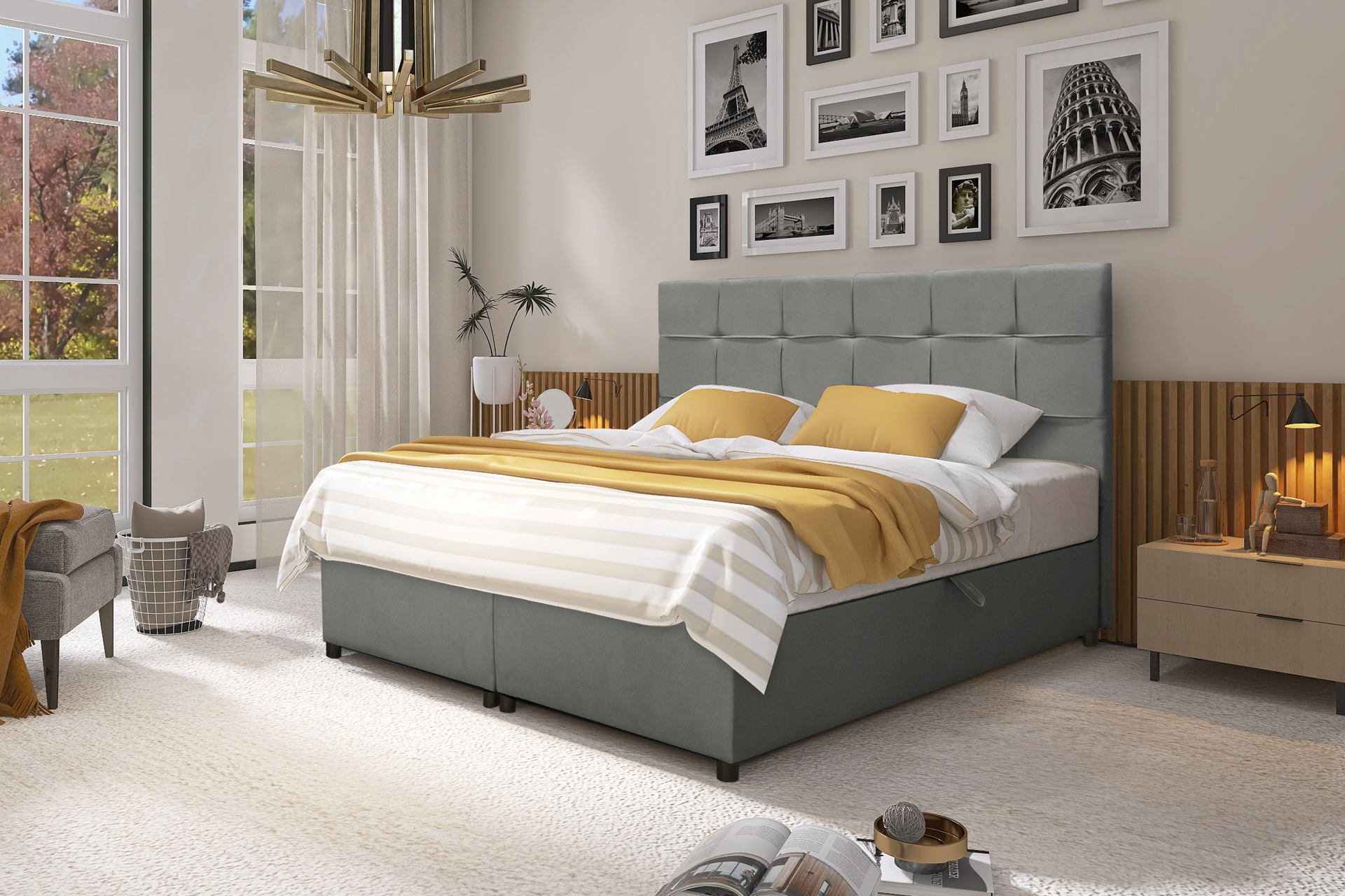 Kontinentálna posteľ Aether Boxspring s matracom s pružinovým jadrom Bonell a topperom, čalúnená posteľ, manželská posteľ (látka Enjoy 21 Grey) (180 x 200 cm)