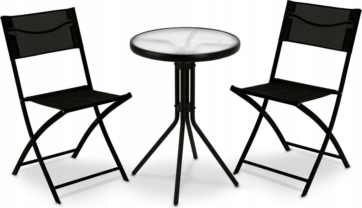 Súprava záhradného nábytku: okrúhly sklenený stôl 50 cm + 2 skladacie stoličky, balkón/terasa, čierna